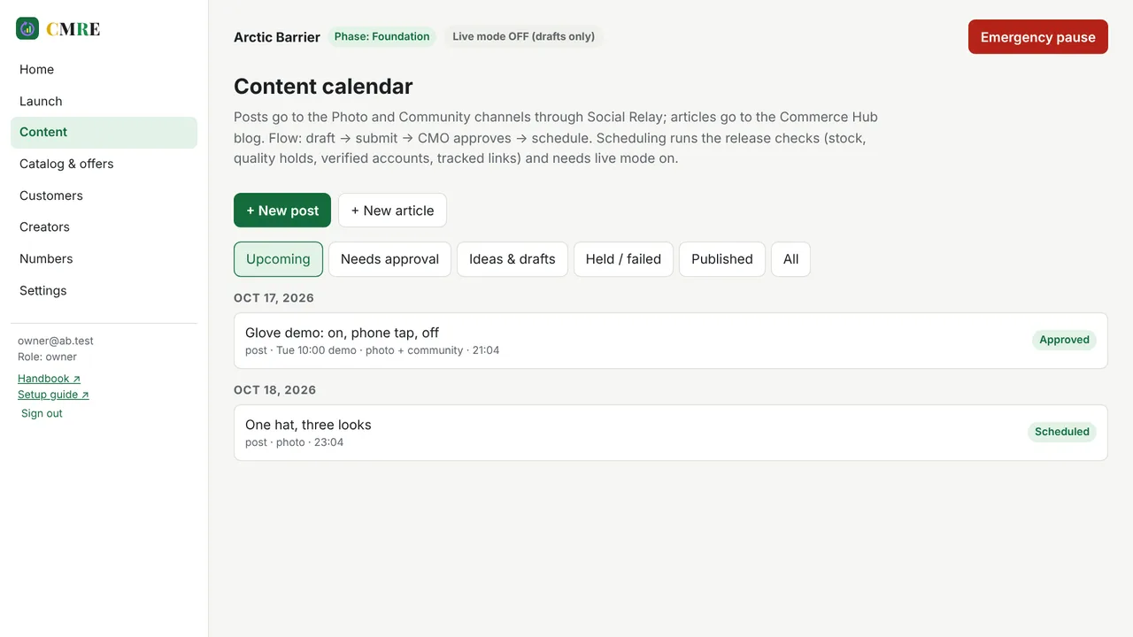 CMRE content calendar with approved and scheduled posts